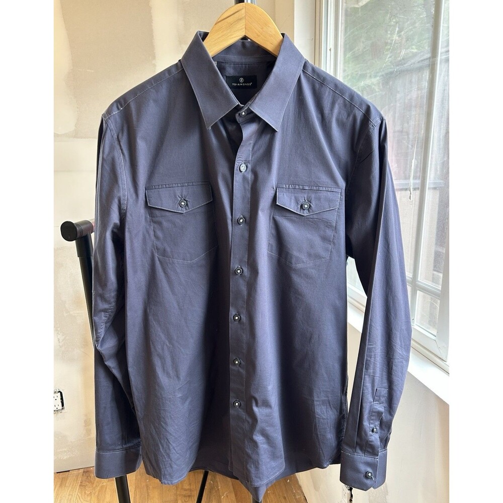 7 Diamonds All American Shirt Mens L Blue Stretch Button Front Cotton Lycra USA